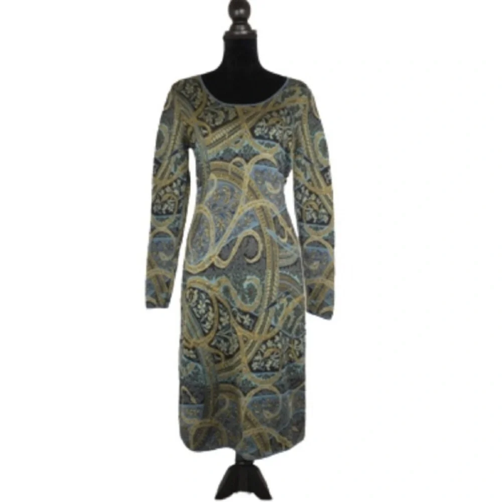 Peruvian Connection Kashmiri Paisley Sweater Dress Size M Green Pima Cotton - Picture 3 of 13